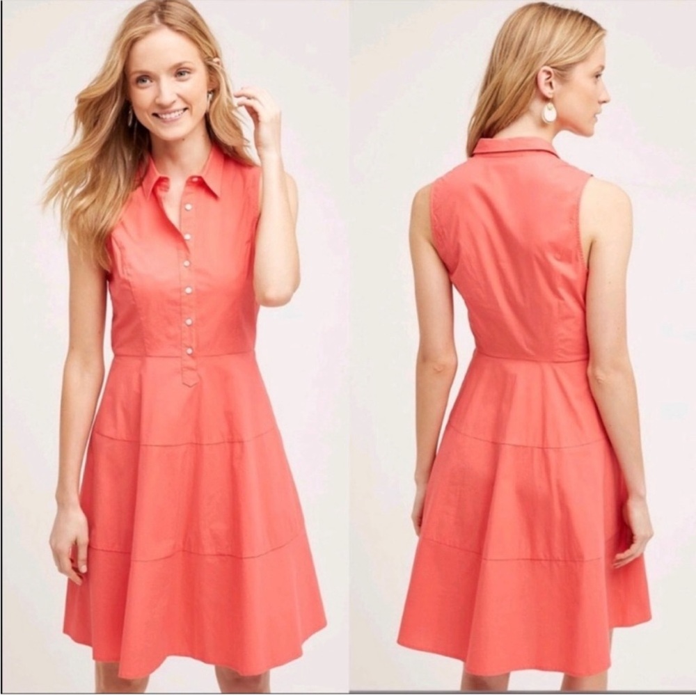 Anthropologie Coral Sleeveless Button-Down Dress